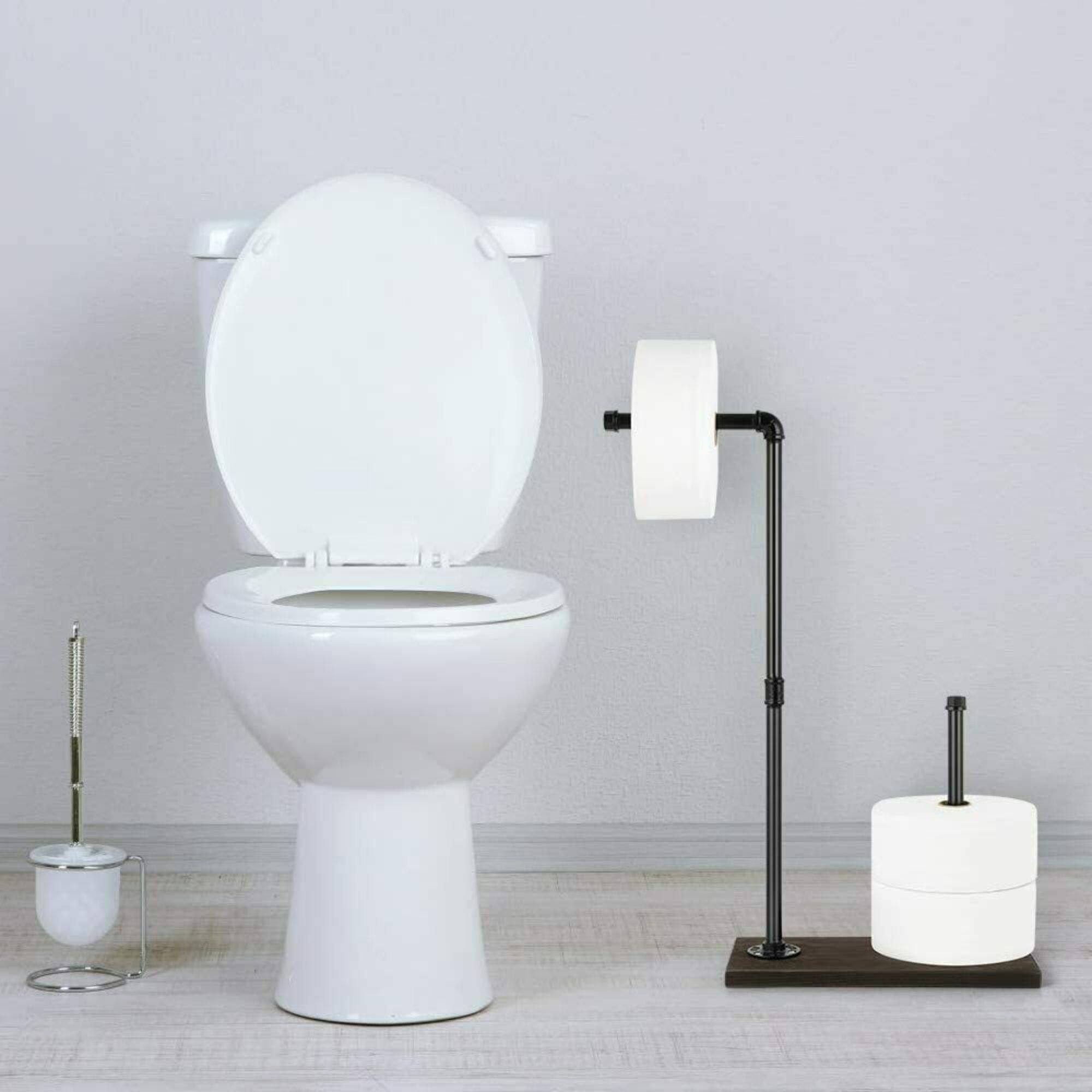 NEX™ 25.5" Iron Black Freestanding Toilet Paper Stand with Rustic Wood Base